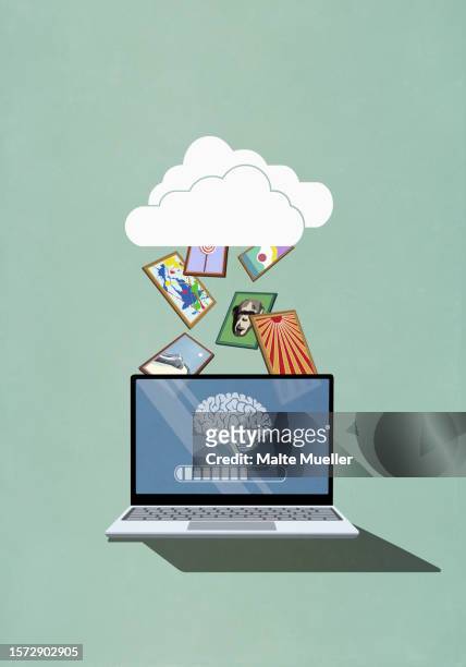brain image on laptop screen downloading images from the cloud - technology stock illustrations