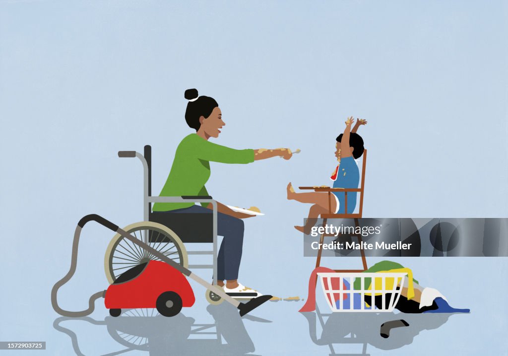 Mother taking a break from chores, feeding baby in high chair