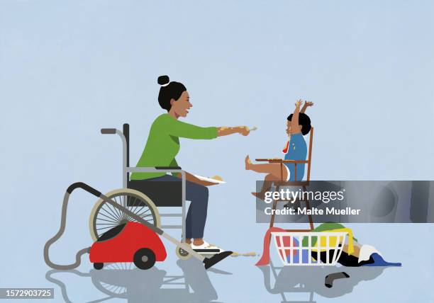 mother taking a break from chores, feeding baby in high chair - child eating stock illustrations