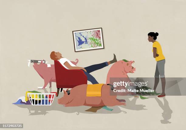 angry wife looking at sleeping husband in living room with messy pigs - pig stock illustrations