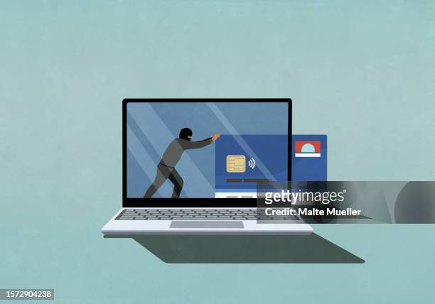 computer hacker pushing credit card off laptop screen - technology stock illustrations