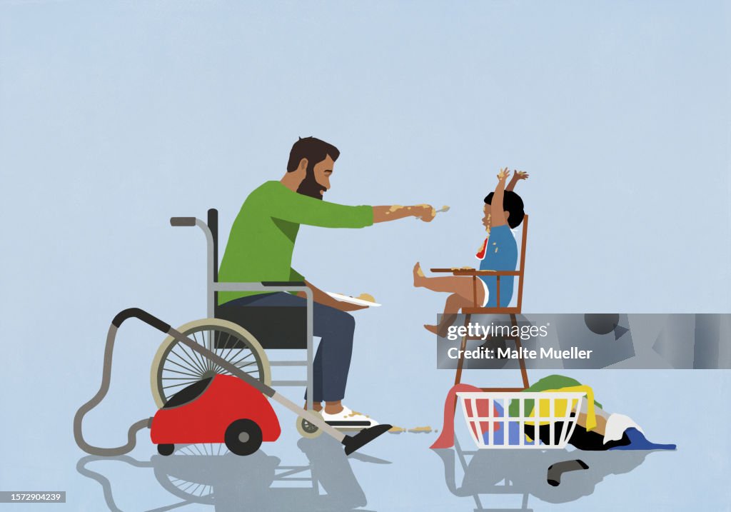 Father taking a break from chores, feeding messy baby in high chair