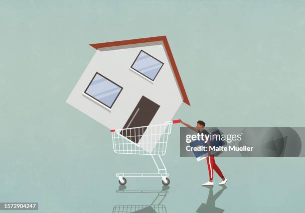 man with credit card pushing house in shopping cart - house side view illustration stock illustrations