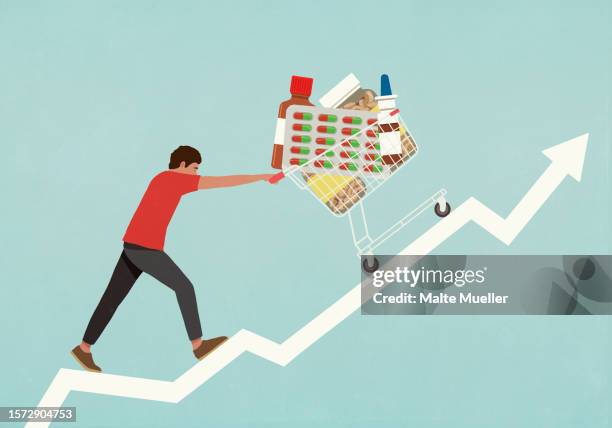 man pushing prescription medication in shopping cart up ascending arrow - prescription drug costs stock illustrations