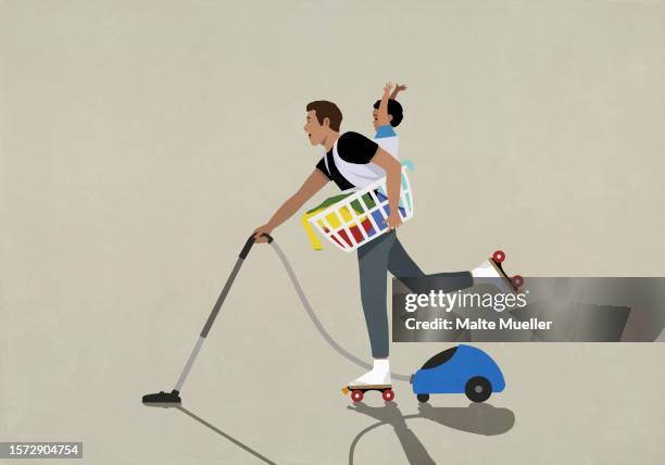 stay-at-home father roller skating and doing chores with baby on back - piggyback stock illustrations