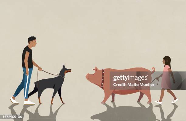 man with dog on leash approaching girl with pet pig on leash - pig stock illustrations