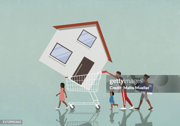 family with credit card pushing house in shopping cart - housing loan stock-grafiken, -clipart, -cartoons und -symbole