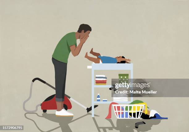 surprised father taking a break, changing diaper of baby on changing table - baby changing table stock illustrations