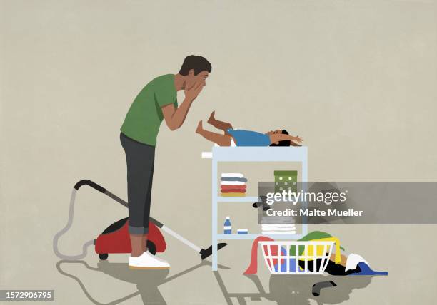 surprised father taking a break, changing diaper of baby on changing table - clutter stock illustrations