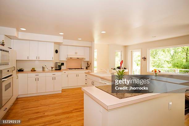 bright and spacious kitchen - plastic design furniture stock pictures, royalty-free photos & images