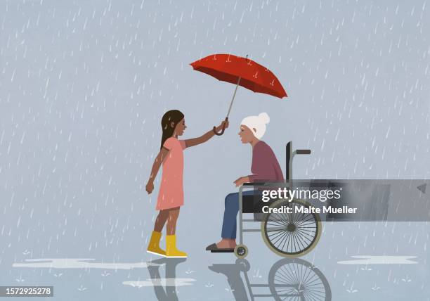 caring girl holding umbrella over senior woman in wheelchair, protecting her from rain - wet girl stock illustrations