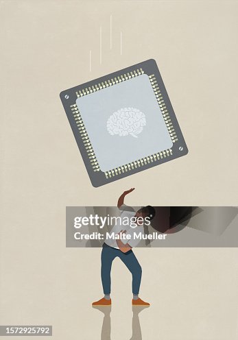 Large artificial intelligence microchip falling over surprised man Large artificial intelligence microchip falling over surprised man