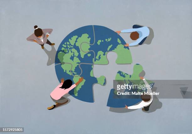 global business people connecting earth jigsaw puzzle - illustration and painting stock illustrations