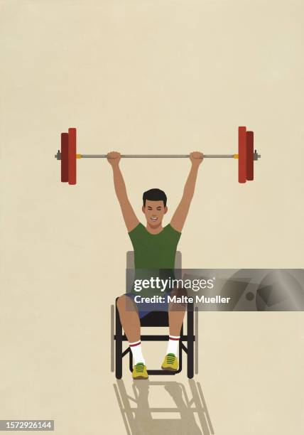 portrait confident, strong male athlete with disabilities in wheelchair holding barbell overhead - disabled athlete stock-grafiken, -clipart, -cartoons und -symbole