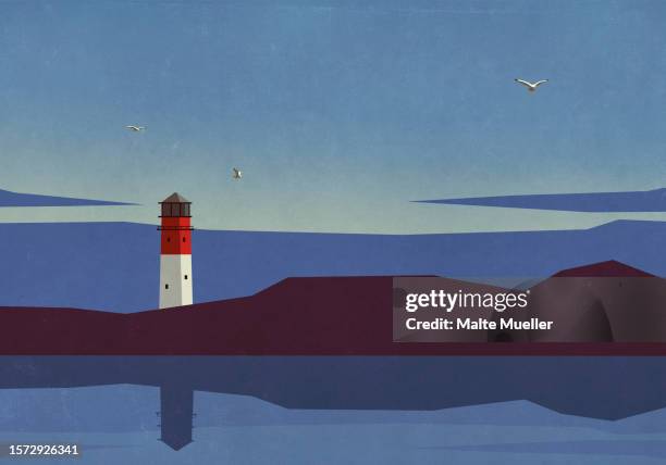 seagulls flying above tranquil lighthouse and ocean at dusk - lighting technique stock illustrations