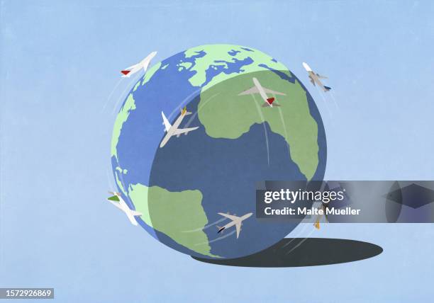 ilustraciones, imágenes clip art, dibujos animados e iconos de stock de airplanes flying around globe - destinos turísticos