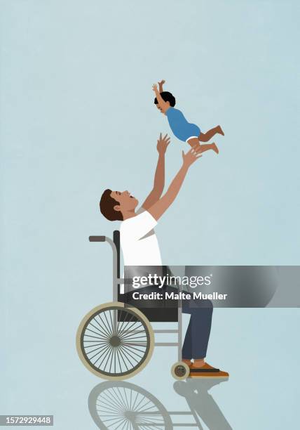 happy, playful father in wheelchair catching baby son overhead - above stock illustrations