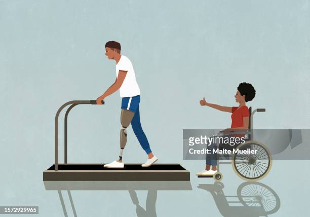 woman in wheelchair cheering for amputee man exercising on treadmill - disabled athlete stock-grafiken, -clipart, -cartoons und -symbole