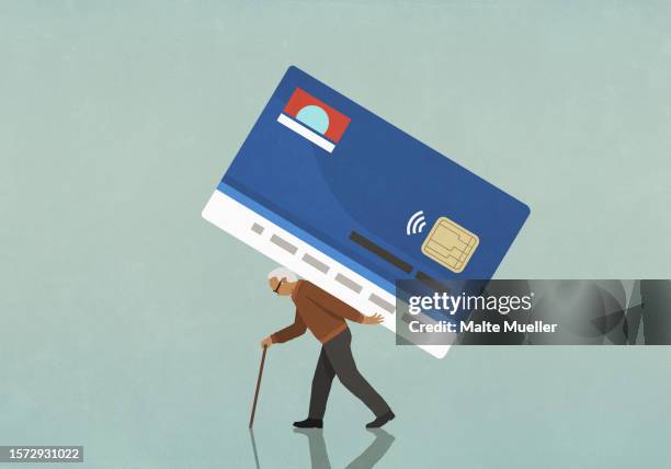 senior man with cane walking with large credit card burden on back - aging process stock illustrations