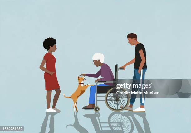 adult children watching senior mother in wheelchair playing with dog - accessibility stock illustrations