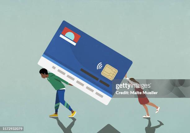 couple carrying and pushing large, heavy credit card debt burden - over burdened stock illustrations