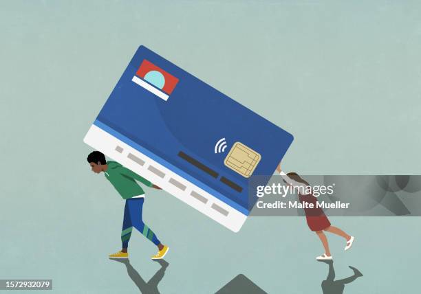 couple carrying and pushing large, heavy credit card debt burden - excess stock illustrations