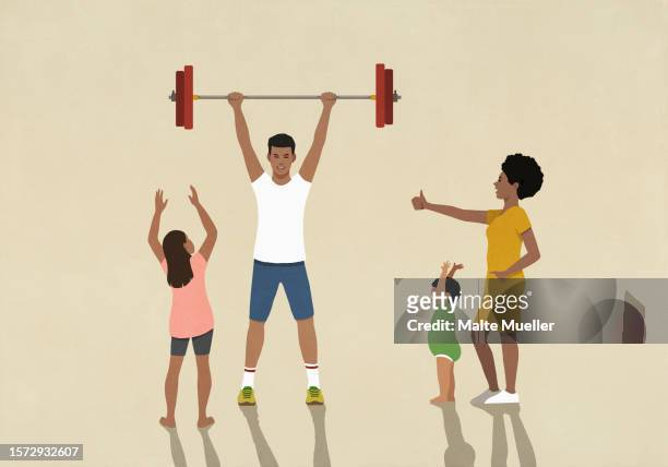 happy family cheering for strong father weightlifting barbell overhead - vigour stock illustrations