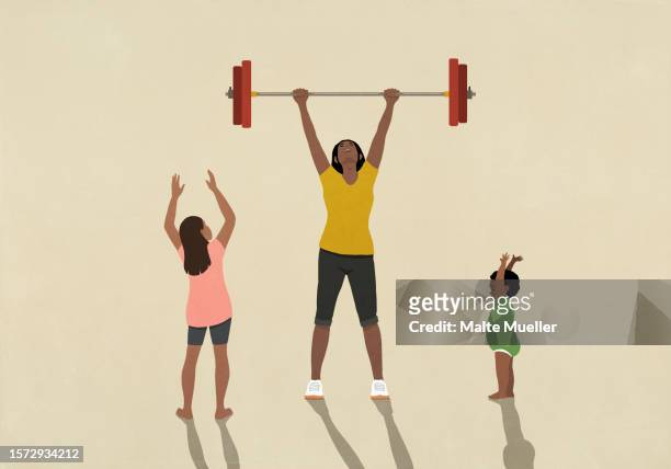 kids cheering for strong mother weightlifting barbell overhead - people stock illustrations