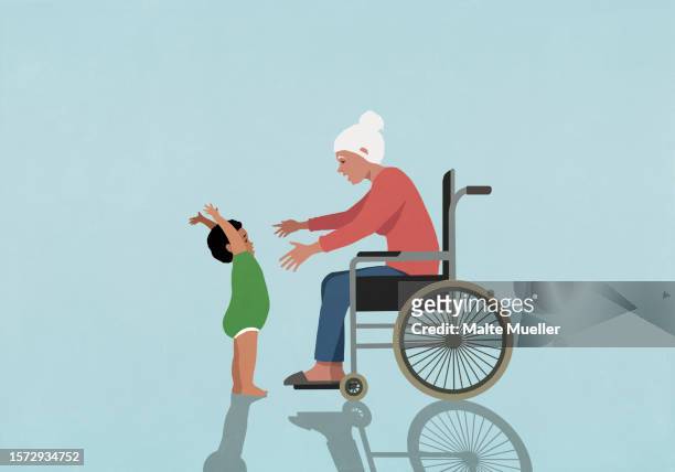grandmother in wheelchair reaching for baby grandson - age contrast stock illustrations