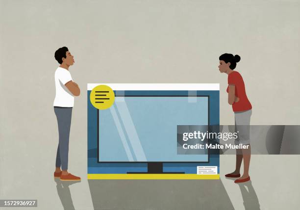 new large screen tv in box between angry couple fighting - irritation stock illustrations