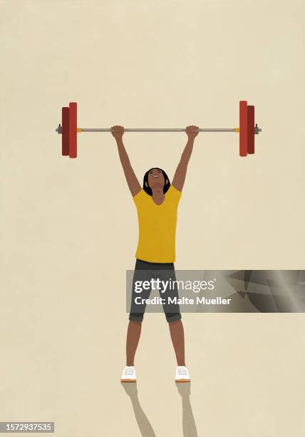 happy, strong, determined woman weightlifting barbell overhead - langhantel stock-grafiken, -clipart, -cartoons und -symbole