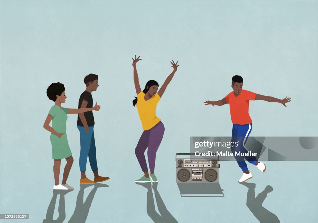 Happy young friends with boom box dancing, having fun