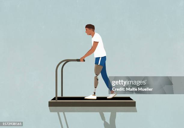 amputee man with prosthetic leg exercising, walking on treadmill - 義肢点のイラスト素材／クリップアート素材／マンガ素材／アイコン素材