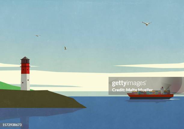 seagulls flying over lighthouse and cargo ship on tranquil ocean - three animals stock illustrations stock illustrations