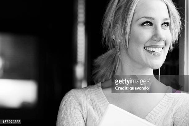 beautiful young woman portrait, copy space, black and white - monochrome office stock pictures, royalty-free photos & images