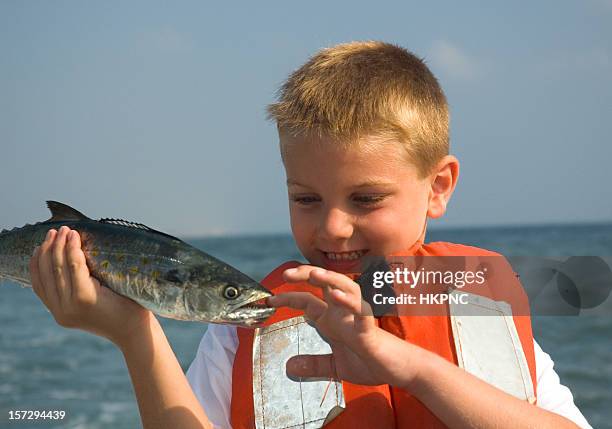 boy on charter fishing boat ,spanish mackerel bite - makreel stockfoto's en -beelden