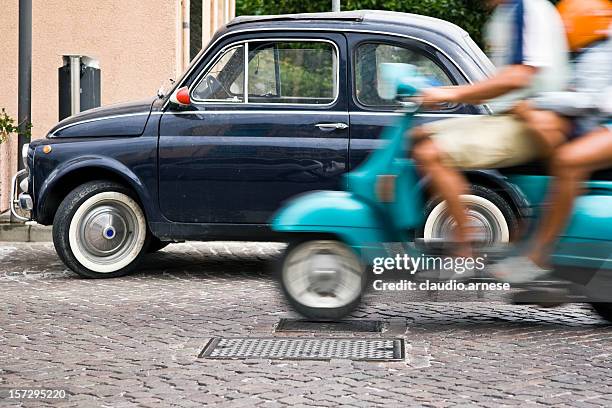 vespa and fiat 500 - driving italy stock pictures, royalty-free photos & images