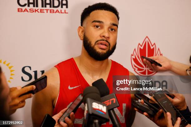 August 2 - Cory Joseph of Canada's men's basketball team speaks to the media during the FIBA Men's Basketball World Cup training camp at the OVO...