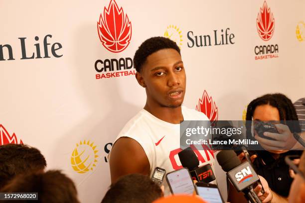 August 2 - RJ Barrett of Canada's men's basketball team speaks to the media during the FIBA Men's Basketball World Cup training camp at the OVO...