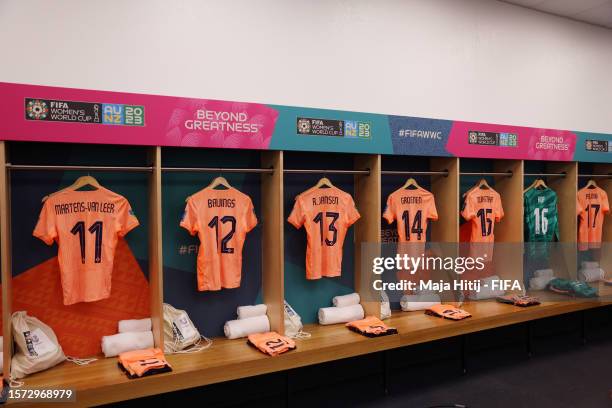 The shirts worn by Netherlands are displayed inside the dressing room prior to the FIFA Women's World Cup Australia & New Zealand 2023 Group E match...