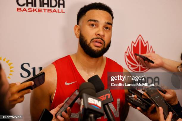 August 2 - Cory Joseph of Canada's men's basketball team speaks to the media during the FIBA Men's Basketball World Cup training camp at the OVO...