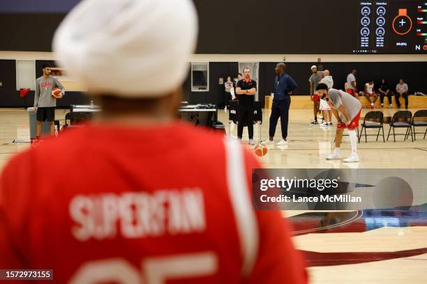 August 2 - Raptors Superfan Nav Bhatia watches Jamal Murray of Canada's men's basketball team during the FIBA Men's Basketball World Cup training...