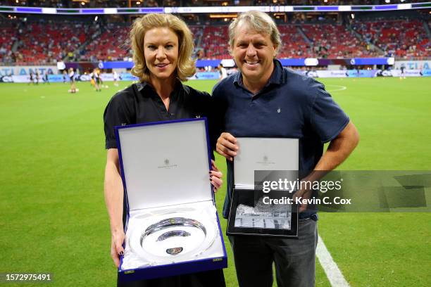 Amanda Staveley, co-owner of Newcastle United and Todd Boehly, Owner of Chelsea pose for a photo prior to the Premier League Summer Series match...