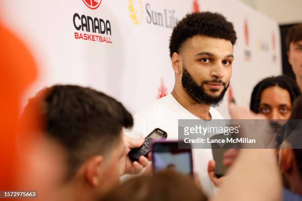 August 2 - Jamal Murray of Canada's men's basketball team speaks to the media during the FIBA Men's Basketball World Cup training camp at the OVO...