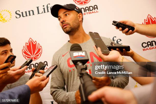 August 2 - Coach Jordi Fernandez of Canada's men's basketball team speaks to the media during the FIBA Men's Basketball World Cup training camp at...