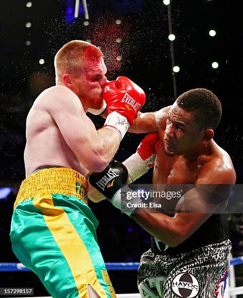 Daniel Jacobs connects on a punch to the face of Chris Fitzpatrick at Madison Square Garden on December 1, 2012 in New York City.