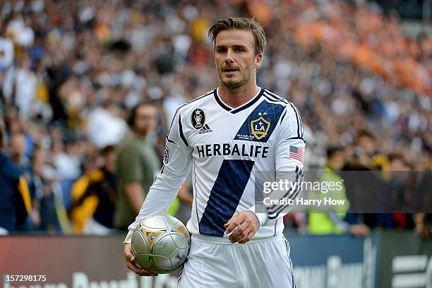 David Beckham of Los Angeles Galaxy looks on while taking on the Houston Dynamo in the 2012 MLS Cup at The Home Depot Center on December 1, 2012 in...