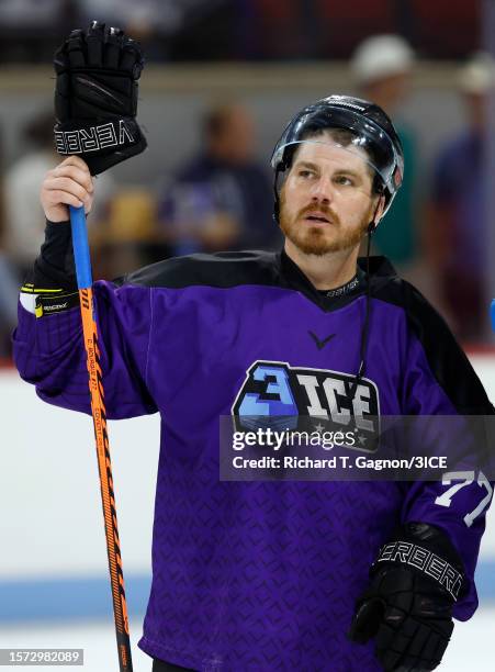 Christopher Bourque of Team Bourque acknowledges the fans after scoring the game winning goal against Team Mullen in the shootout during 3ICE Week 5...