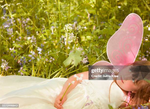 portrait of a young girl in a fairy costume lying in a field of flowers - head of state stock pictures, royalty-free photos & images