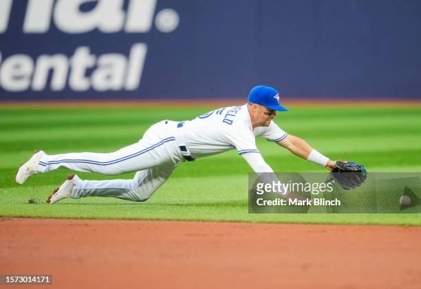 Whit Merrifield of the Toronto Blue Jays dives for a ball against the Baltimore Orioles during the third inning in their MLB game at the Rogers...